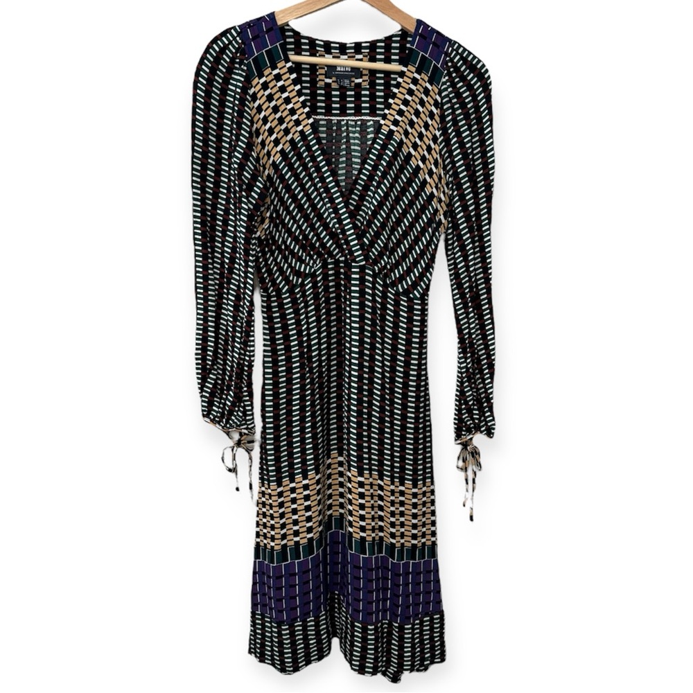 Anthropologie Maeve Long Sleeve Geometric Black, Beige & Navy Knit Dress